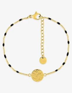 Bracelet fantaisie noir, acier doré et motif plaque ronde SO OR