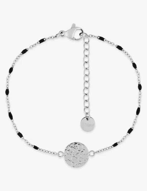 Bracelet fantaisie noir, acier et motif plaque ronde SO OR