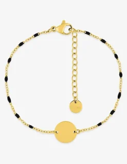 Bracelet fantaisie noir et acier doré, plaque ronde SO OR