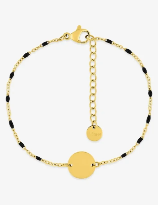 Bracelet fantaisie noir et acier doré, plaque ronde SO OR