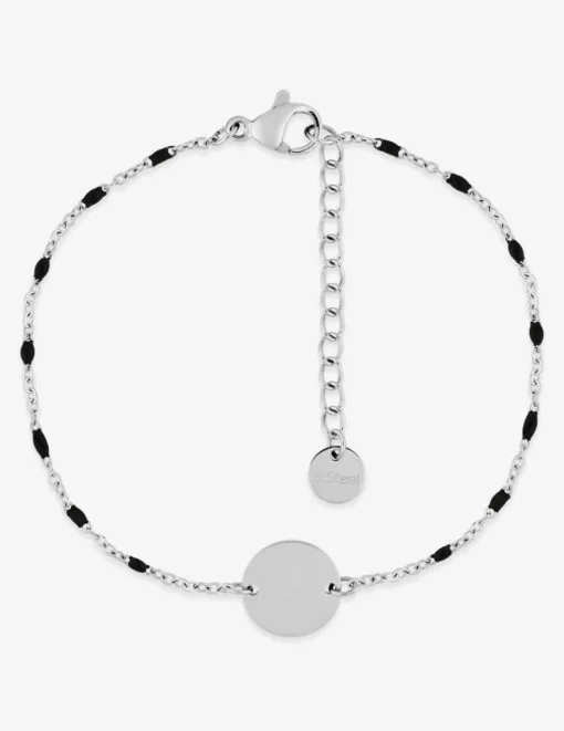 Bracelet fantaisie noir et acier, plaque ronde SO OR