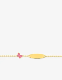 Bracelet identité pour bébé plaqué or avec plaque ovale gravable et papillon rose SO OR