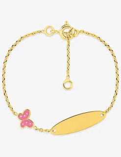 Bracelet identité pour bébé plaqué or avec plaque ovale gravable et papillon rose SO OR