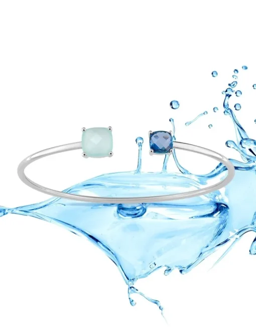 Bracelet jonc or blanc 750 ‰ topaze et calcédoine bleue SO OR