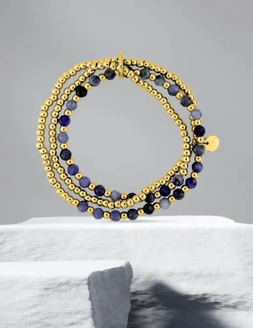 Bracelet élastique 3 rangs, acier doré et lapis-lazuli bleu SO OR