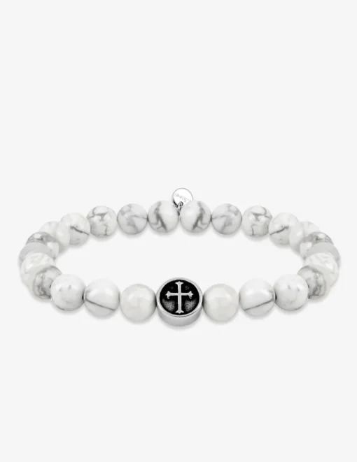 Bracelet élastique agate blanche et breloque croix acier SO OR