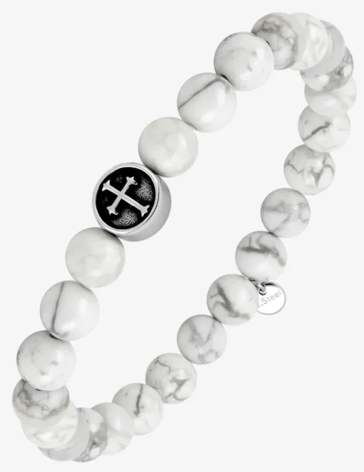 Bracelet élastique agate blanche et breloque croix acier SO OR