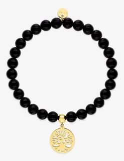 Bracelet motif arbre de vie en acier doré et agate noire SO OR