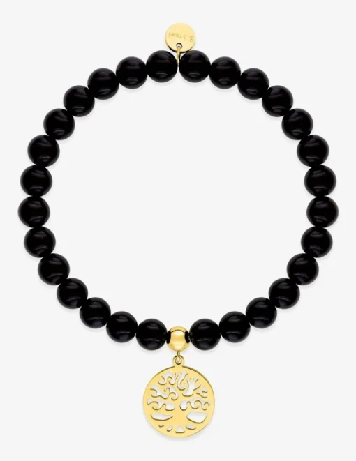Bracelet motif arbre de vie en acier doré et agate noire SO OR