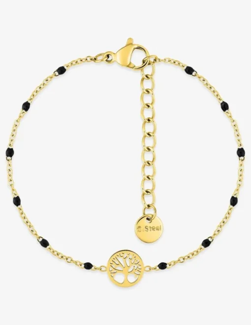 Bracelet motif arbre de vie en acier doré, détails résine noirs SO OR