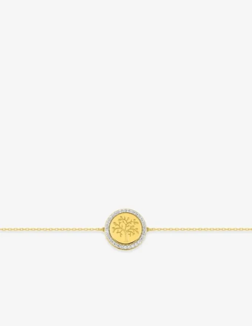 Bracelet or 375 ‰ jaune et rhodium avec jeton arbre de vie et oxydes de zirconium SO OR
