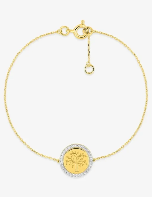 Bracelet or 375 ‰ jaune et rhodium avec jeton arbre de vie et oxydes de zirconium SO OR