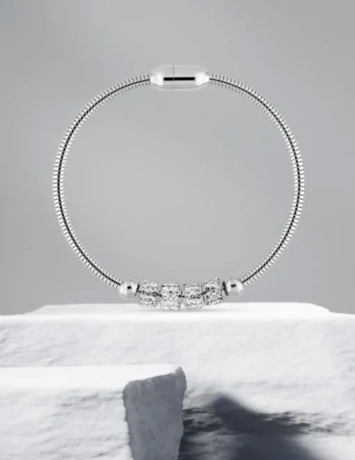 Bracelet serpentine acier, anneaux cristaux blancs SO OR