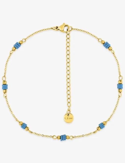 Chaine pour cheville en acier doré et perles synthétiques bleues SO OR