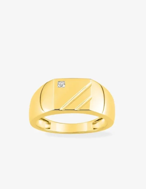Chevalière or jaune 375‰ rainures diagonales et oxyde de zirconium SO OR