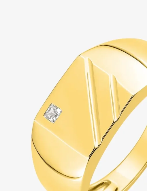 Chevalière or jaune 375‰ rainures diagonales et oxyde de zirconium SO OR
