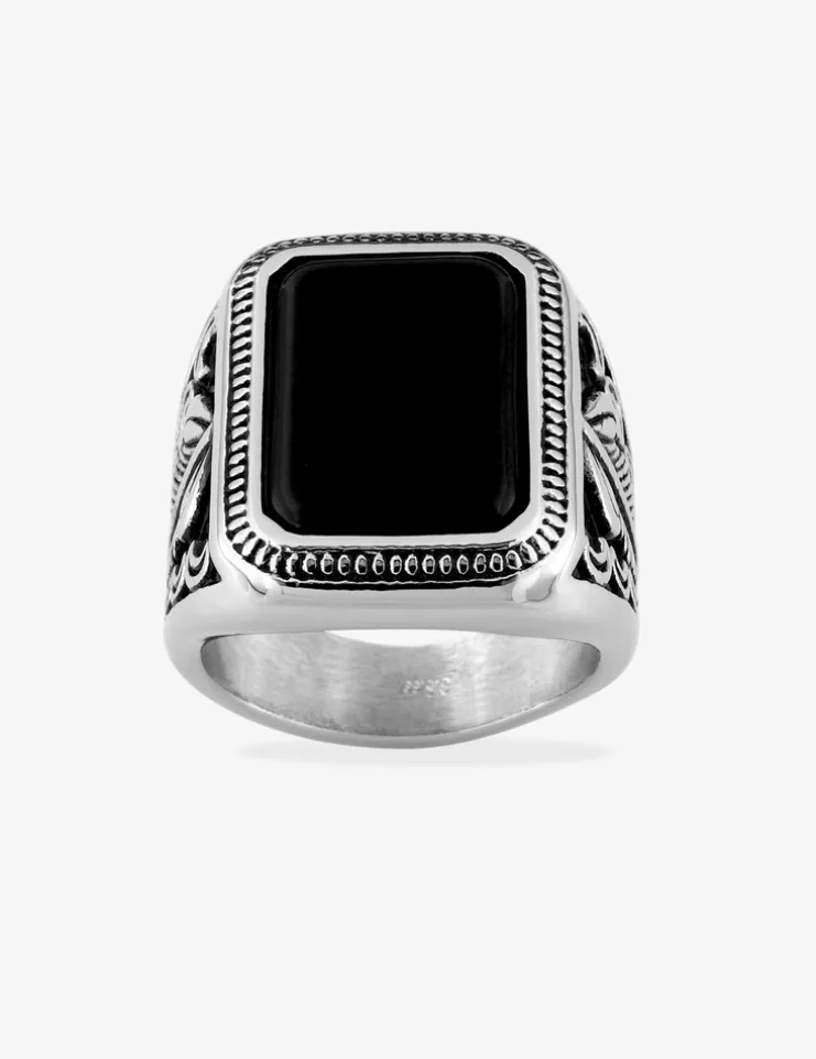 Chevalière vintage acier et agate noire SO OR