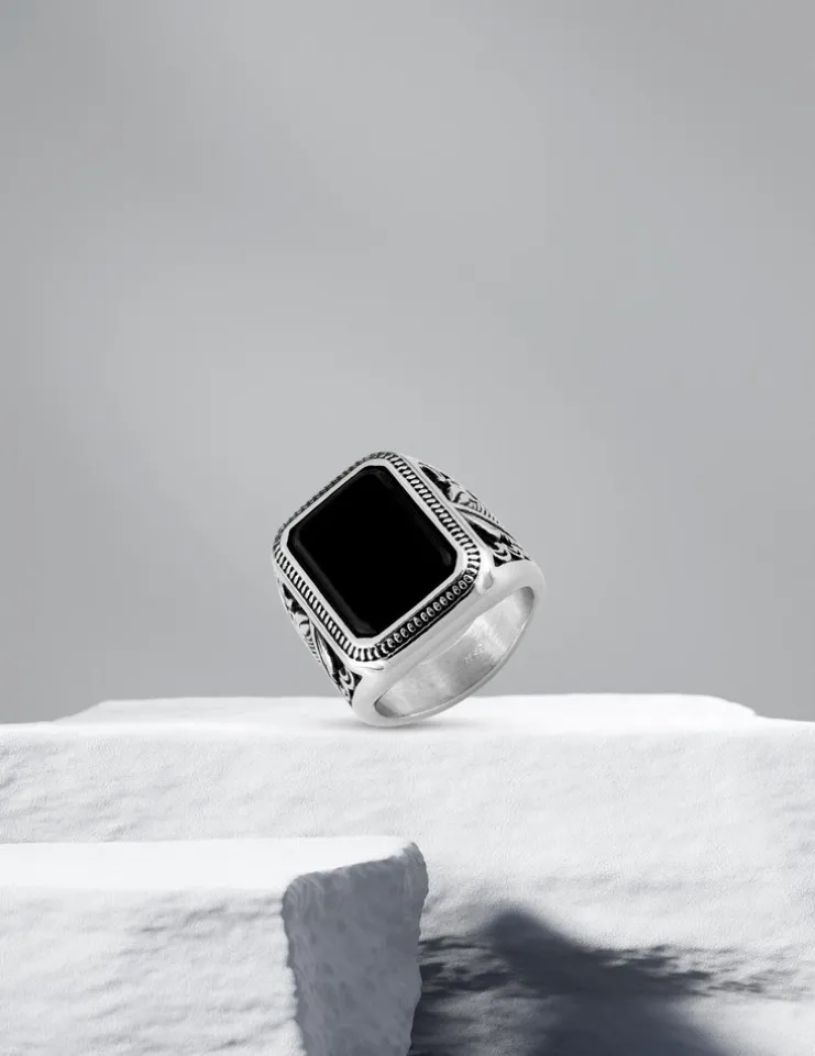 Chevalière vintage acier et agate noire SO OR