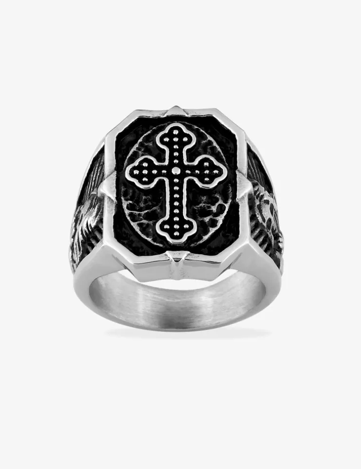 Chevalière vintage acier motif croix SO OR