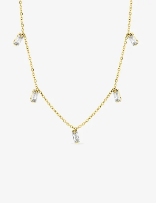 Collier acier doré et oxydes de zirconium blancs rectangles SO OR