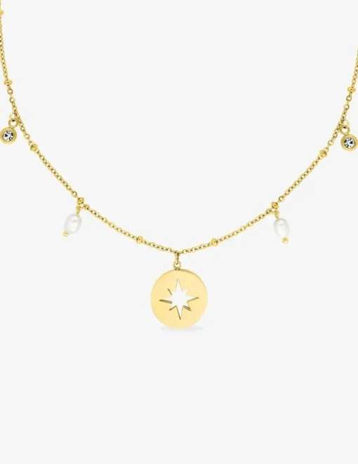 Collier acier doré motif étoile, perles et cristaux blancs SO OR