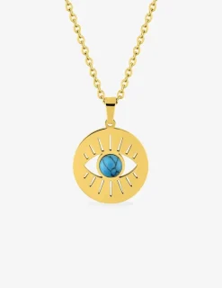 Collier acier doré pendentif œil et turquoise bleue SO OR