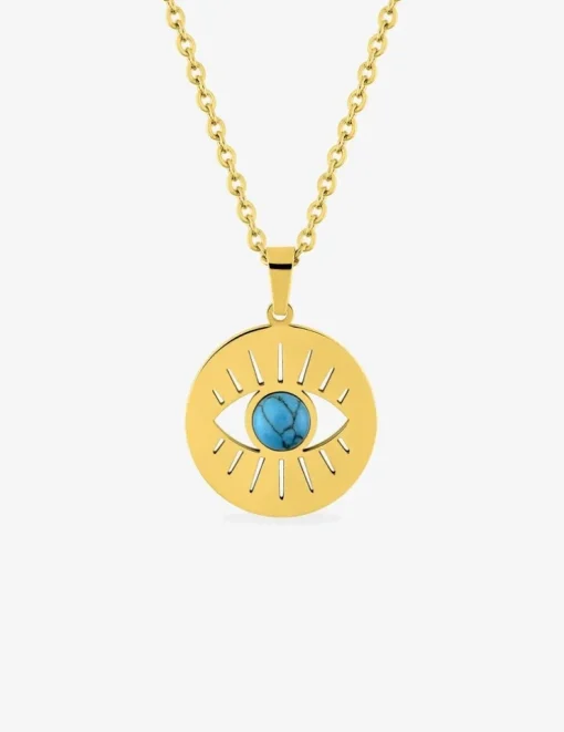 Collier acier doré pendentif œil et turquoise bleue SO OR