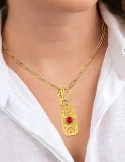 Collier acier doré pendentif turquoise rouge SO OR