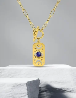 Collier acier doré pendentif lapis-lazuli bleue SO OR