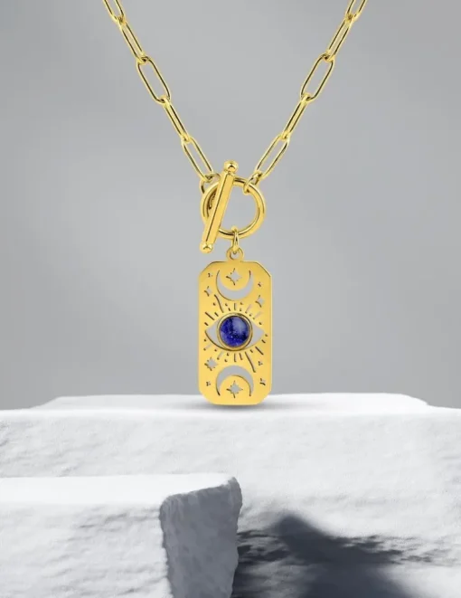 Collier acier doré pendentif lapis-lazuli bleue SO OR