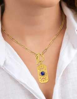 Collier acier doré pendentif lapis-lazuli bleue SO OR