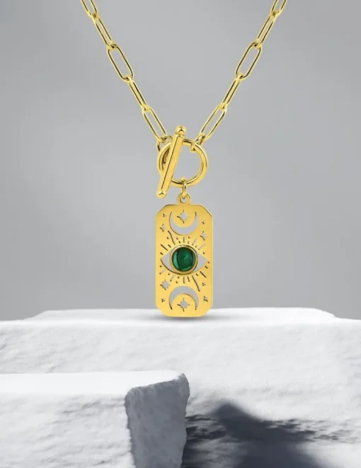 Collier acier doré pendentif malachite synthétique SO OR