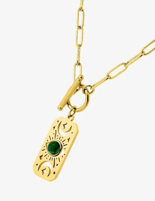 Collier acier doré pendentif malachite synthétique SO OR