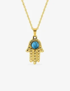 Collier acier doré pendentif main de Fatma, turquoise SO OR