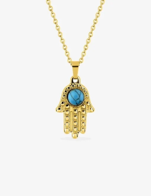 Collier acier doré pendentif main de Fatma, turquoise SO OR