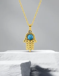 Collier acier doré pendentif main de Fatma, turquoise SO OR