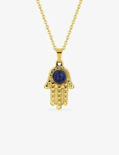 Collier acier doré pendentif main de Fatma, lapis-lazuli bleu SO OR