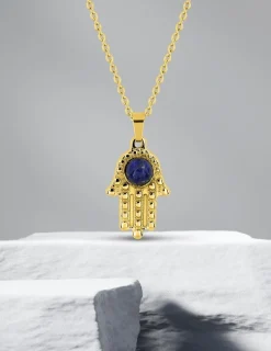 Collier acier doré pendentif main de Fatma, lapis-lazuli bleu SO OR
