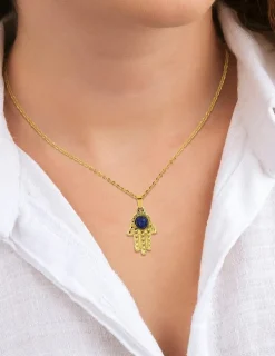 Collier acier doré pendentif main de Fatma, lapis-lazuli bleu SO OR