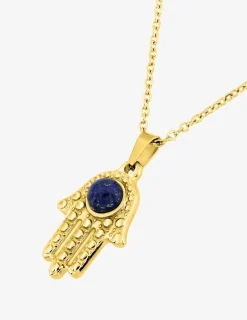 Collier acier doré pendentif main de Fatma, lapis-lazuli bleu SO OR