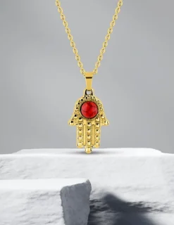 Collier acier doré pendentif main de Fatma, turquoise rouge SO OR