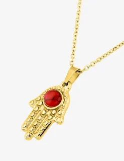 Collier acier doré pendentif main de Fatma, turquoise rouge SO OR