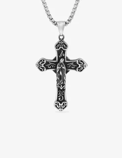 Collier acier noirci avec pendentif croix motif Vierge SO OR