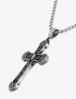 Collier acier noirci avec pendentif croix motif Vierge SO OR