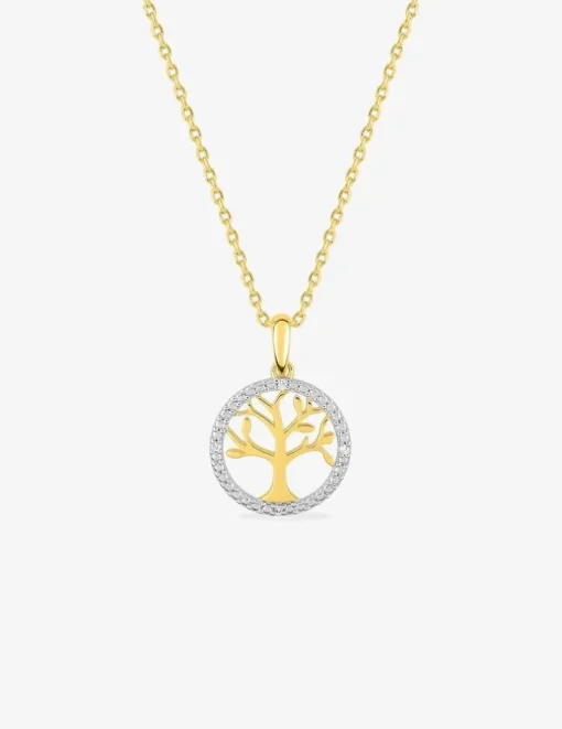 Collier chaîne forçat motif arbre de vie plaqué or et cercle oxydes de zirconium sur rhodium SO OR