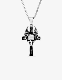 Collier croix et tête de mort ailée acier noirci SO OR