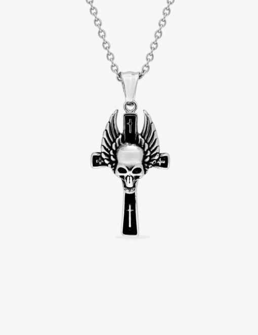 Collier croix et tête de mort ailée acier noirci SO OR