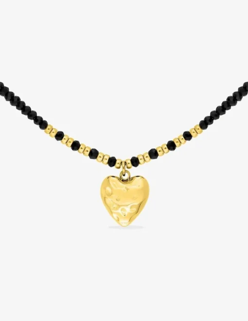 Collier cœur acier doré, boules de verre noires et dorées SO OR