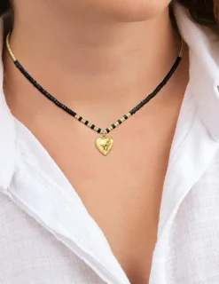 Collier cœur acier doré, boules de verre noires et dorées SO OR