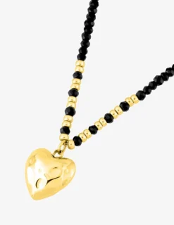 Collier cœur acier doré, boules de verre noires et dorées SO OR